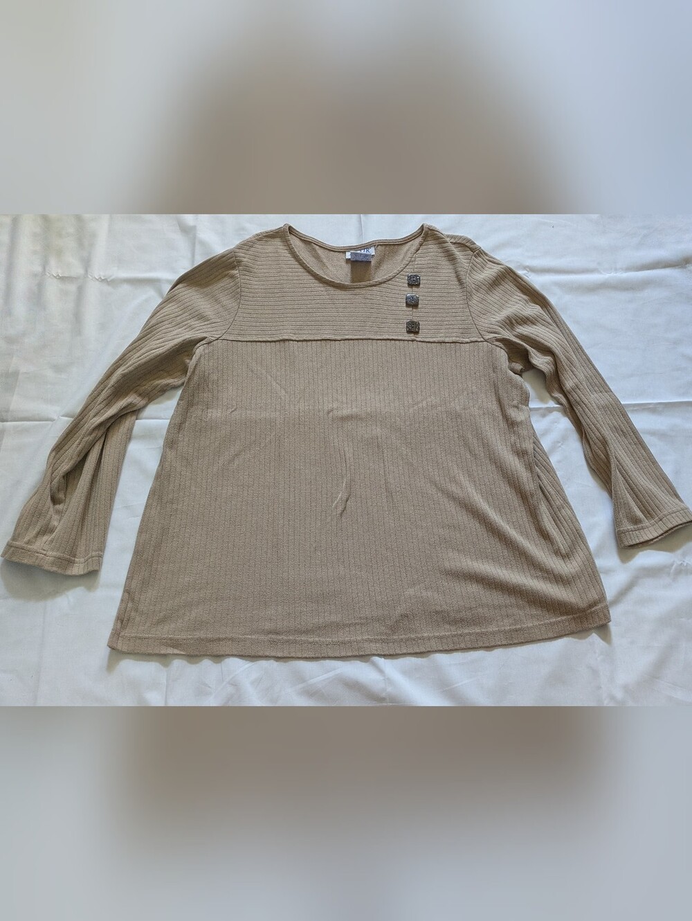 Beige Ribbed Knit Round Neck Long Sleeve Button Accent Top